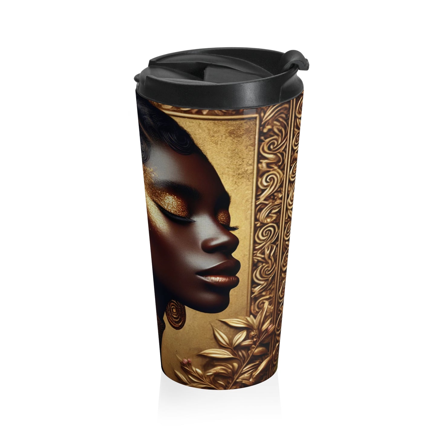 Golden Afro Woman Stainless Steel Travel Mug | Afrocentric Art, Floral Accents