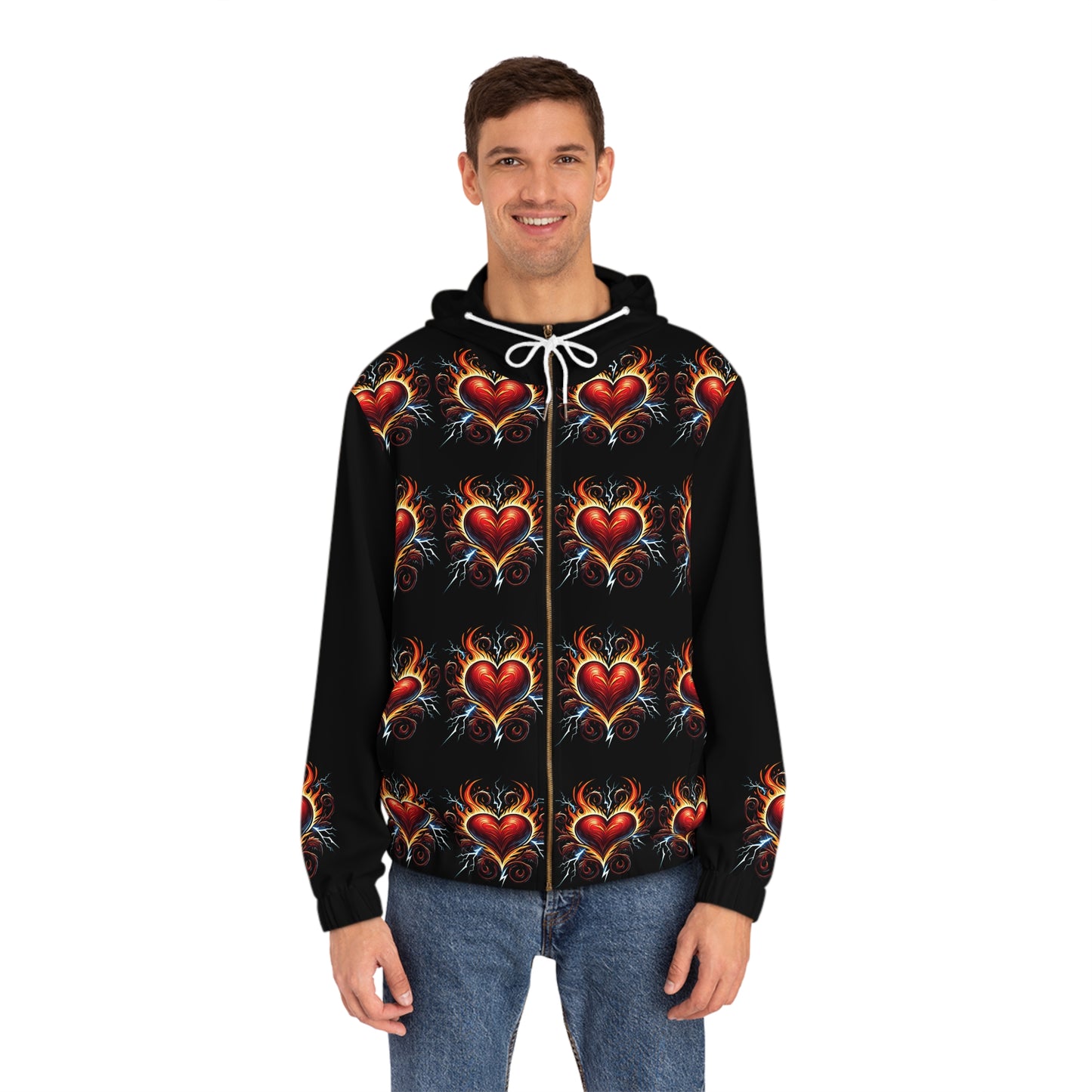Heartfelt Flame unisex s Full-Zip Hoodie, Gift for Him, Casual Outerwear, Heart Design, Valentine's Day, Festival Style
