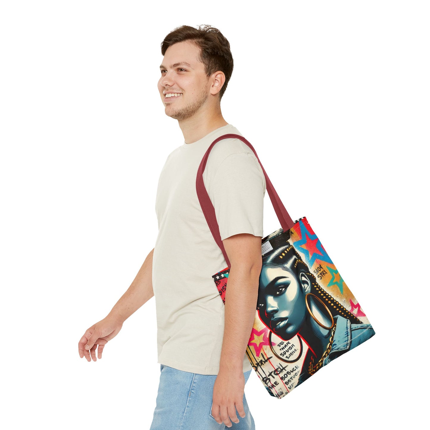 Braided Woman Portrait Tote Bag | Urban Graffiti Art, Colorful Star Background