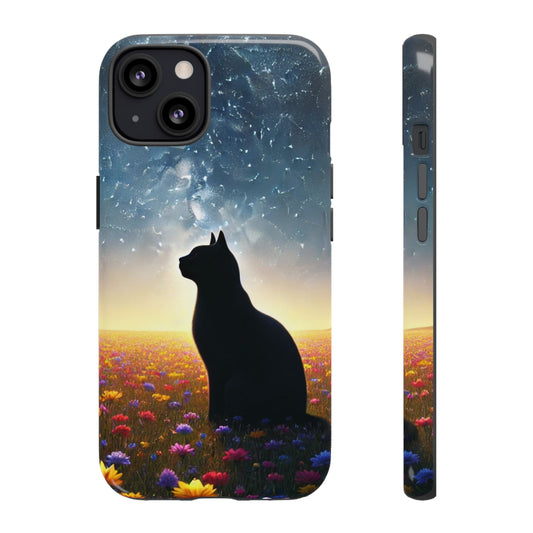 Cat Silhouette Phone Case | Floral Night Sky Design | Unique Gift, Cat Lover, Nature Lover, Birthday, Handmade