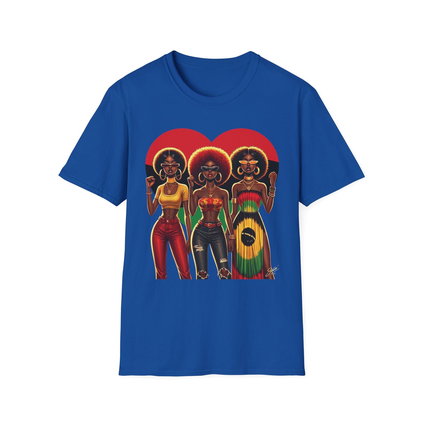Black Queen Sisters Graphic T-Shirt – Afrocentric Pride, Red-Gold-Green Heart Design