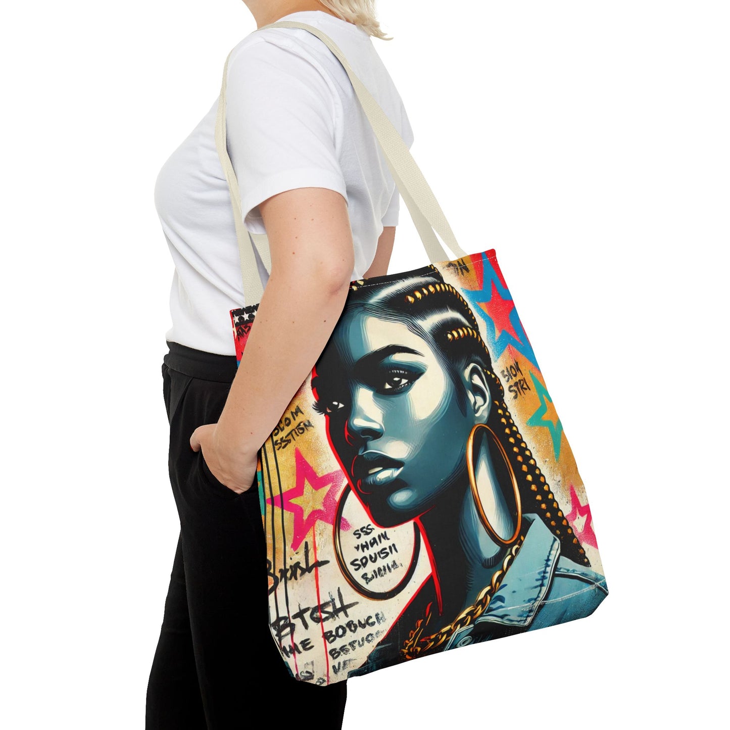 Braided Woman Portrait Tote Bag | Urban Graffiti Art, Colorful Star Background