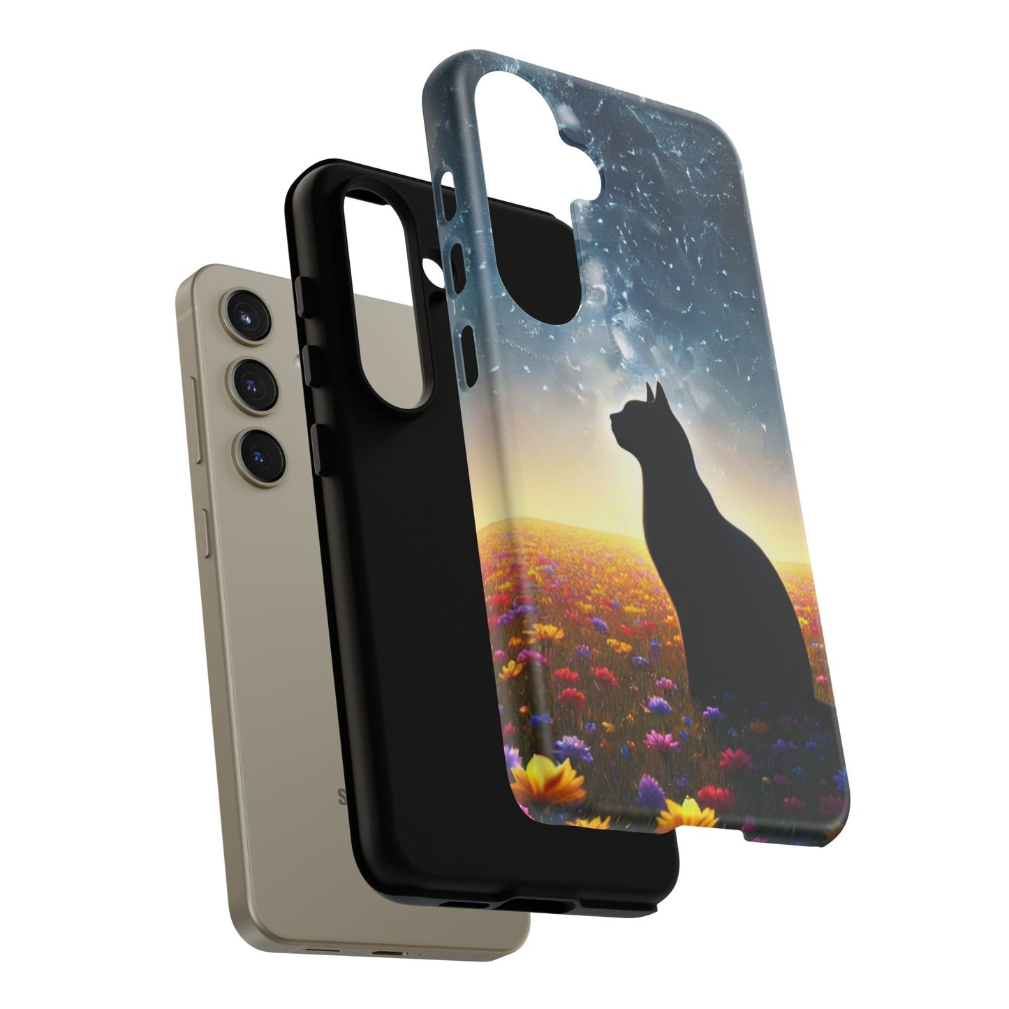 Cat Silhouette Phone Case | Floral Night Sky Design | Unique Gift, Cat Lover, Nature Lover, Birthday, Handmade