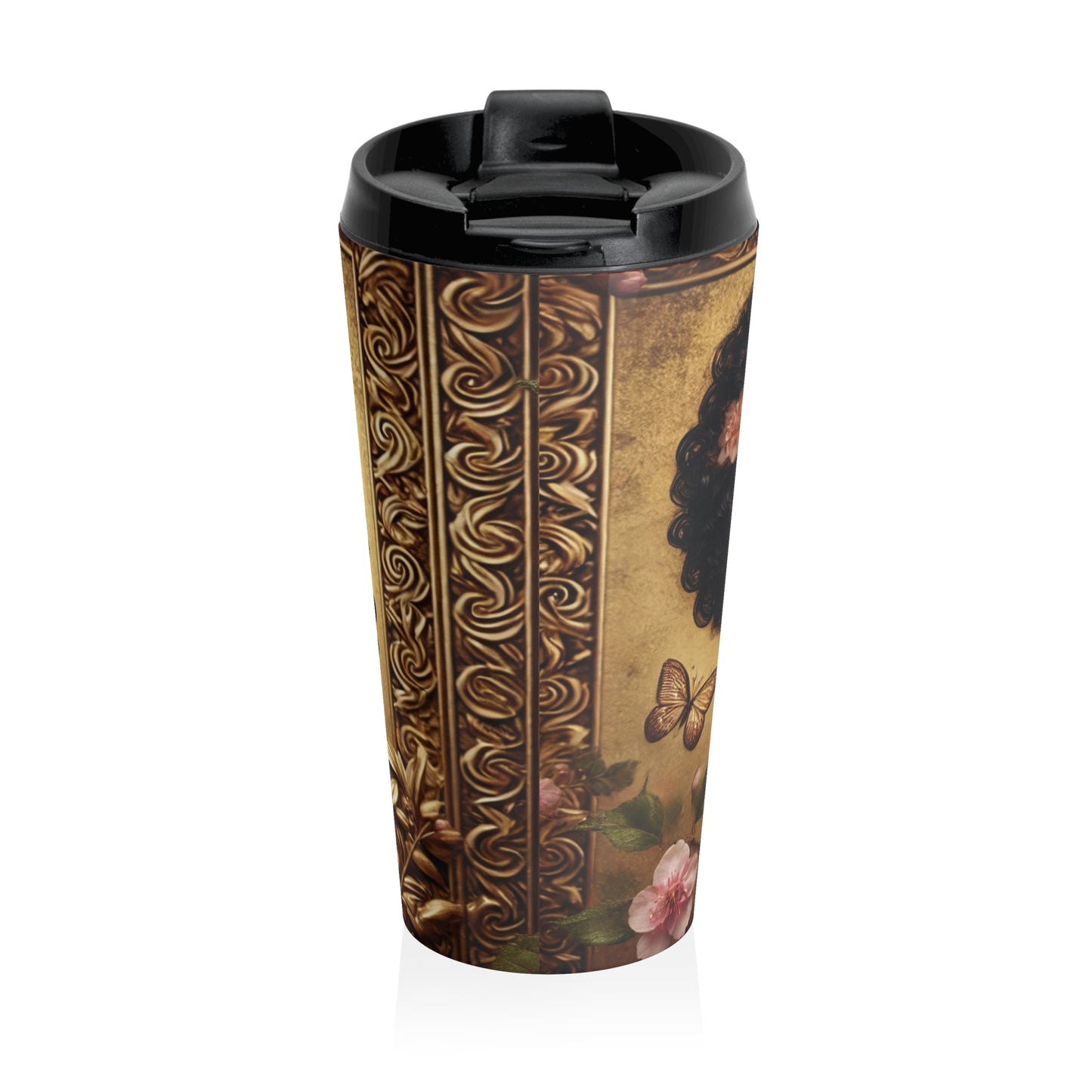Golden Afro Woman Stainless Steel Travel Mug | Afrocentric Art, Floral Accents