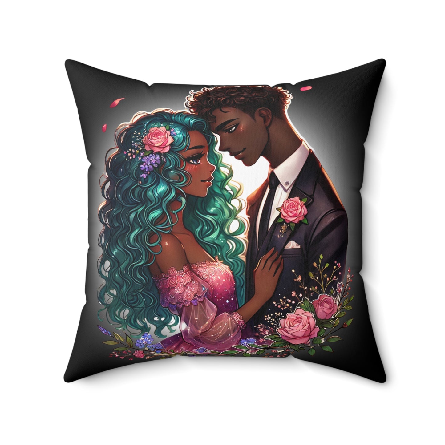 Romantic Floral Couple Throw Pillow — Illustrated Black Love Decorative Cushion