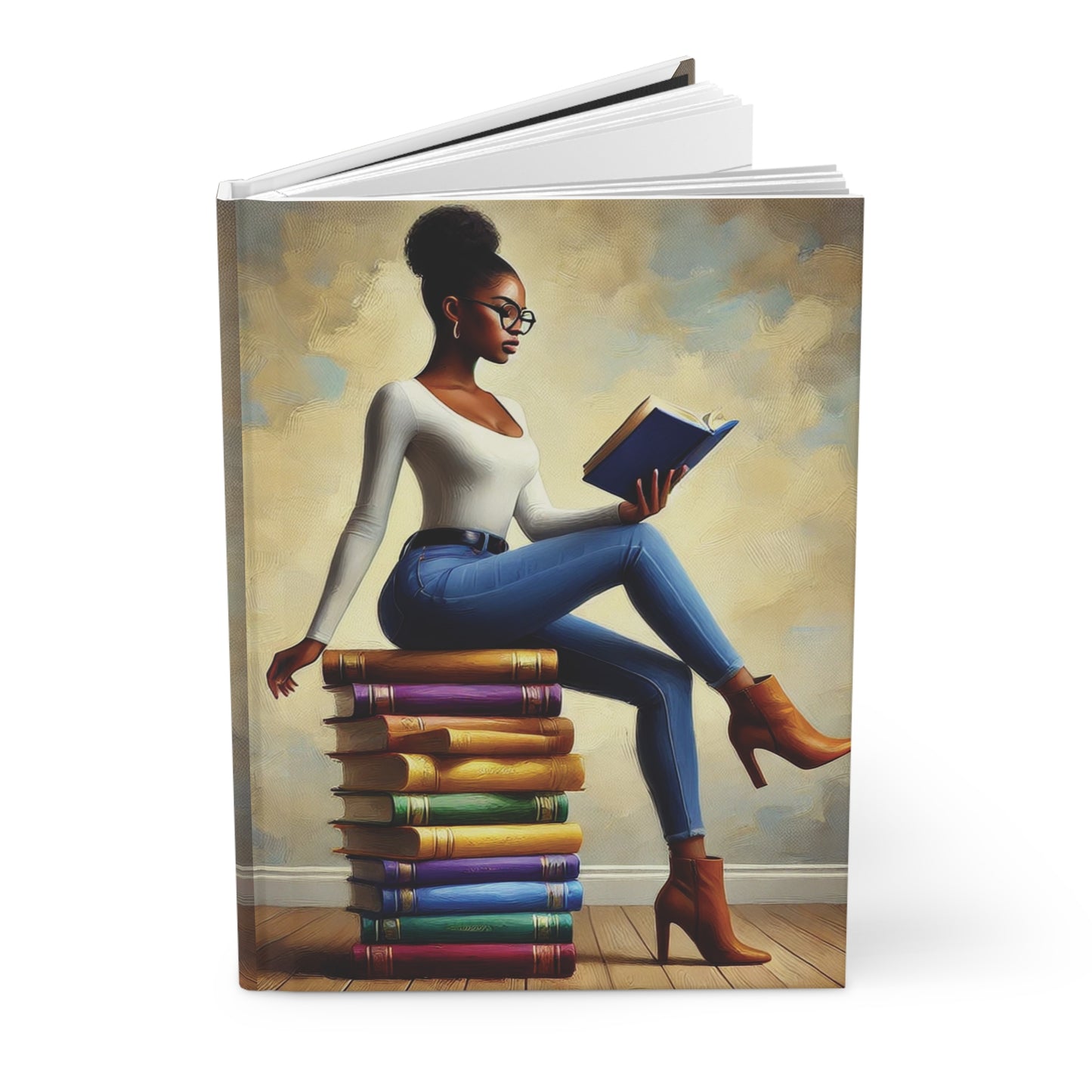 Stylish Black Woman Reading on Stack of Books Hardcover Journal