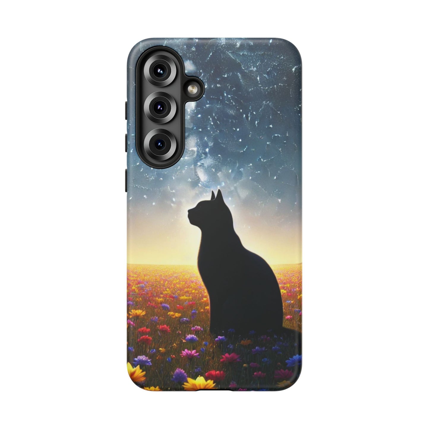 Cat Silhouette Phone Case | Floral Night Sky Design | Unique Gift, Cat Lover, Nature Lover, Birthday, Handmade