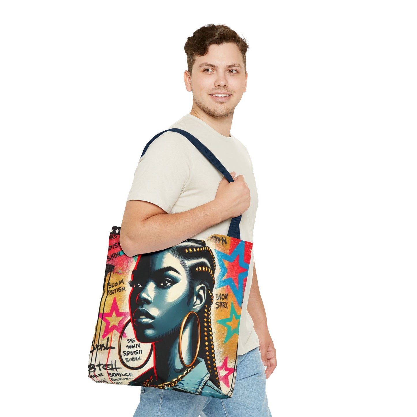 Braided Woman Portrait Tote Bag | Urban Graffiti Art, Colorful Star Background