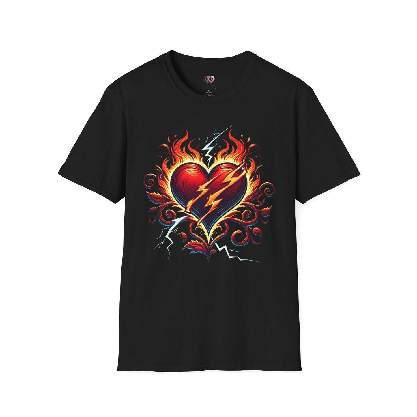 Flaming Heart Unisex Softstyle T-Shirt – Vintage Rock Tee, Gift for Him, Graphic Shirt, Festival Outfit, Casual Wear