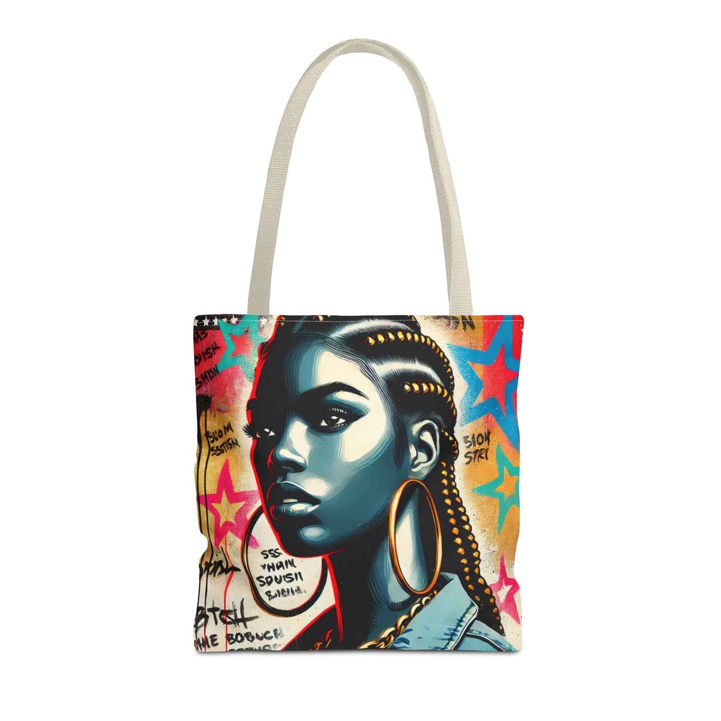 Braided Woman Portrait Tote Bag | Urban Graffiti Art, Colorful Star Background