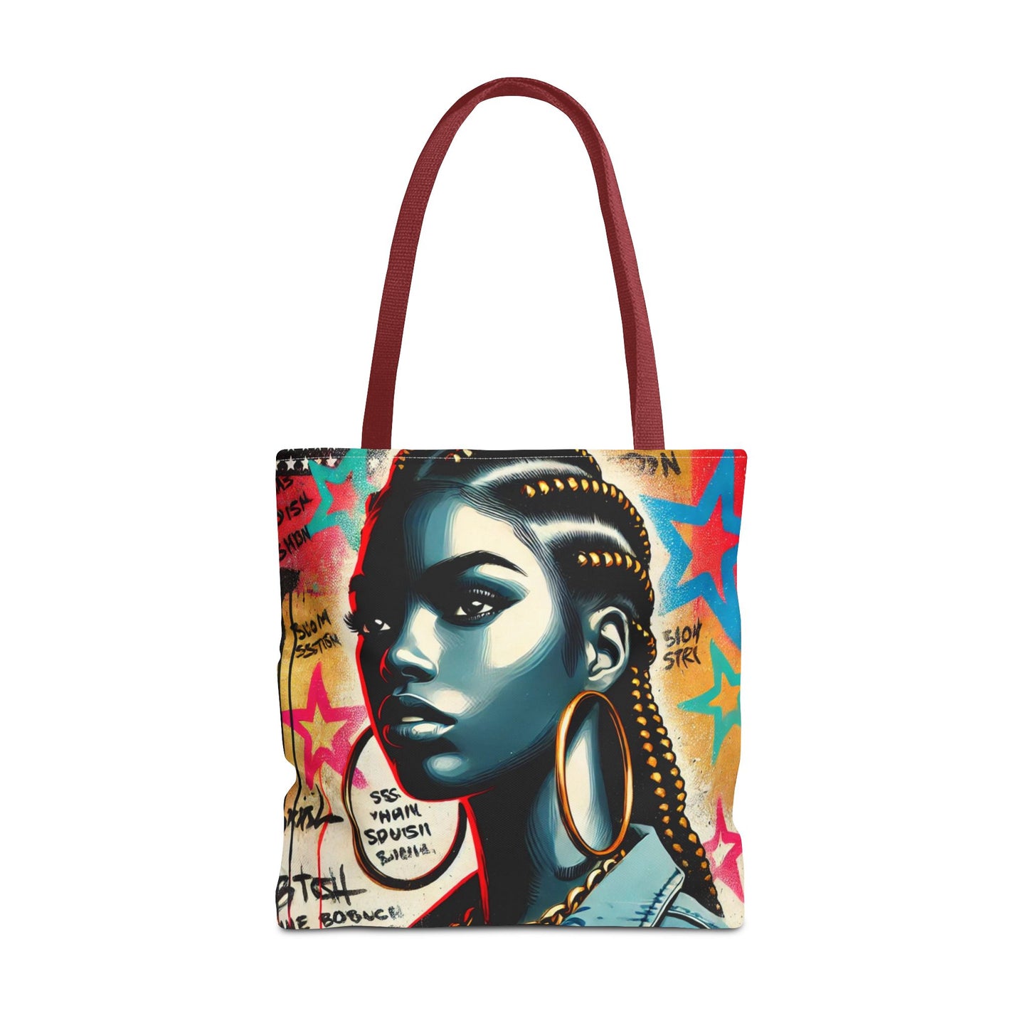 Braided Woman Portrait Tote Bag | Urban Graffiti Art, Colorful Star Background