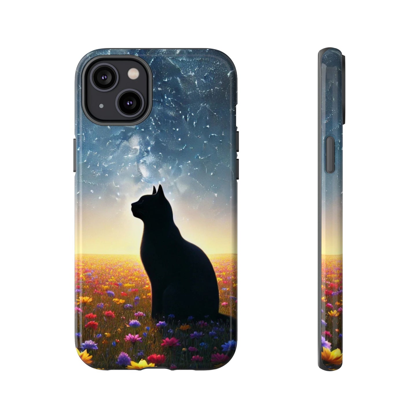 Cat Silhouette Phone Case | Floral Night Sky Design | Unique Gift, Cat Lover, Nature Lover, Birthday, Handmade