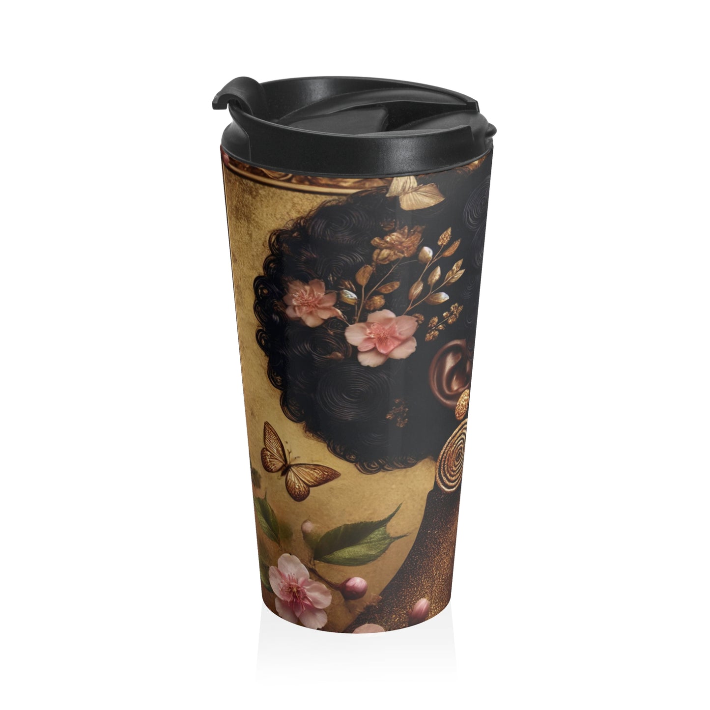 Golden Afro Woman Stainless Steel Travel Mug | Afrocentric Art, Floral Accents