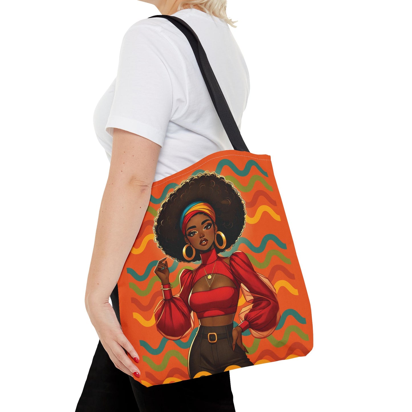Afro Diva Fashion Tote Bag — Bold Retro Orange Art Print