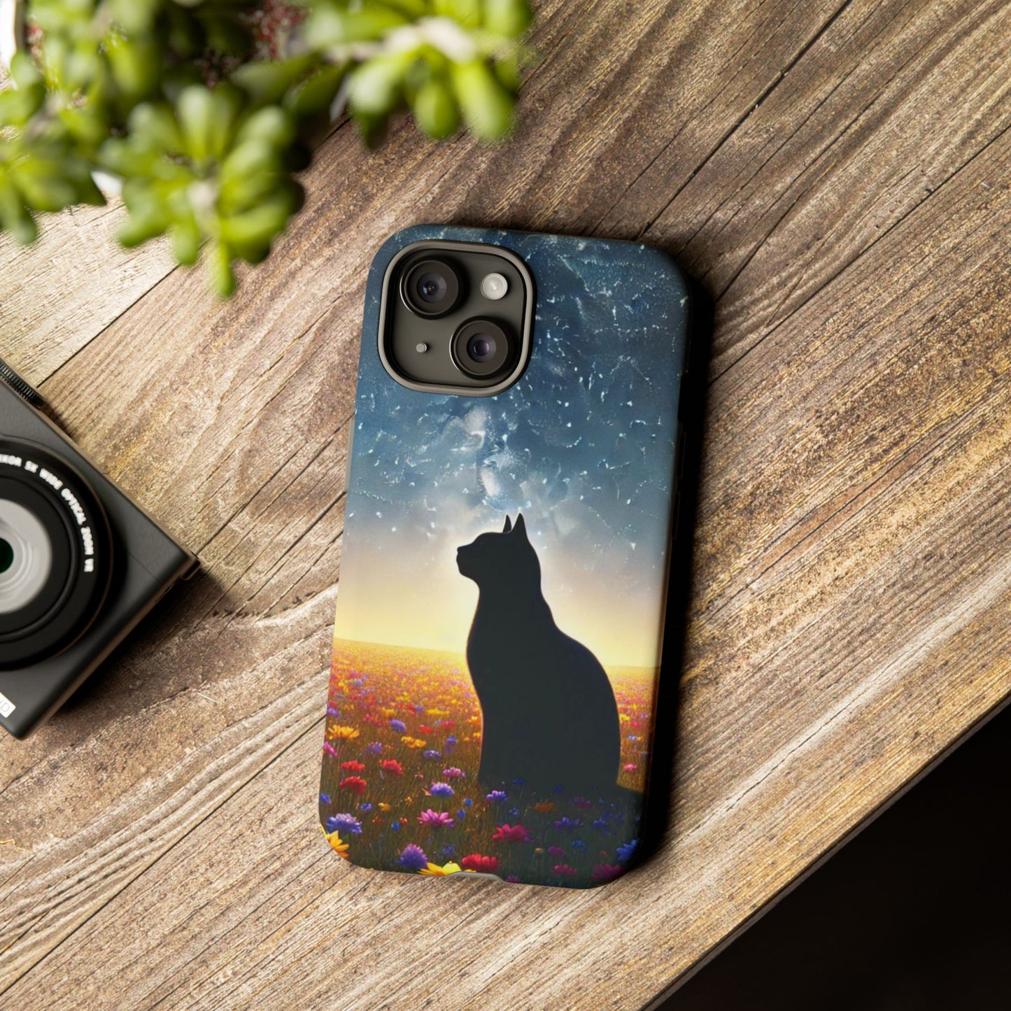 Cat Silhouette Phone Case | Floral Night Sky Design | Unique Gift, Cat Lover, Nature Lover, Birthday, Handmade