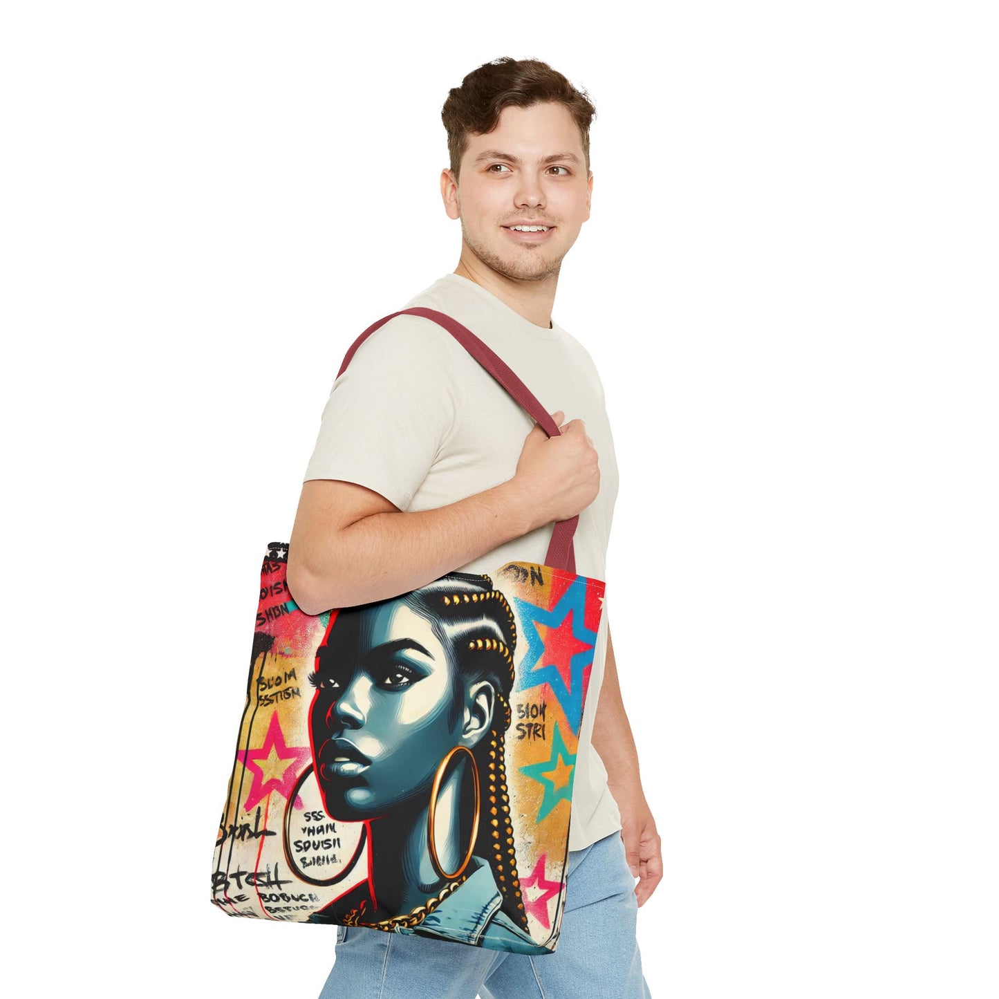 Braided Woman Portrait Tote Bag | Urban Graffiti Art, Colorful Star Background