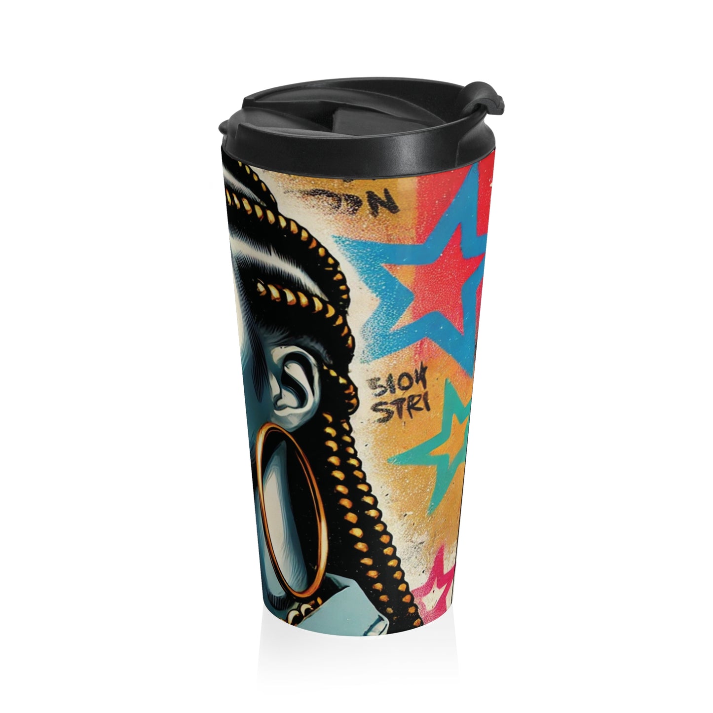 Afro Street Art Portrait Travel Mug | Urban Graffiti Stars Stainless Steel Tumbler