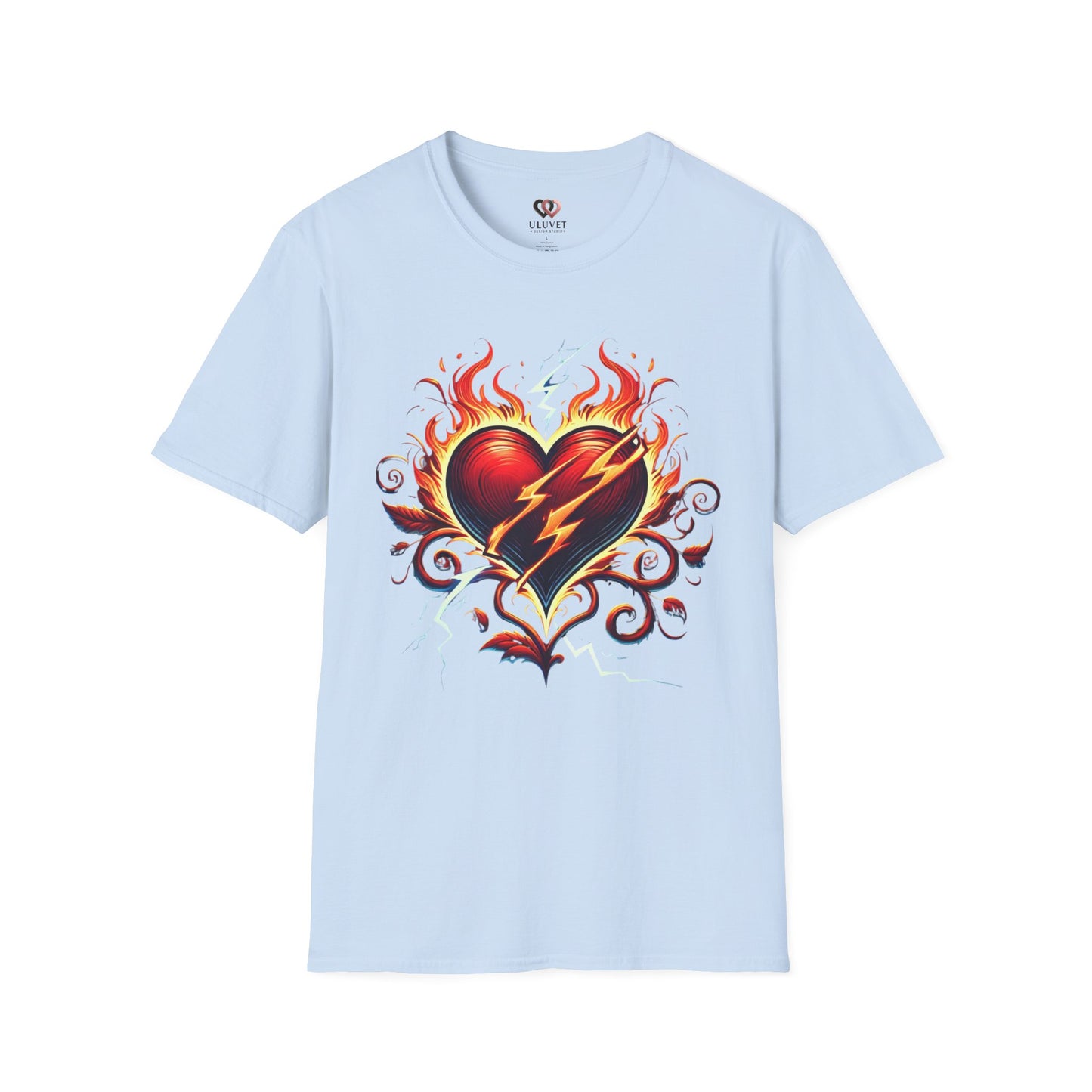 Flaming Heart Unisex Softstyle T-Shirt – Vintage Rock Tee, Gift for Him, Graphic Shirt, Festival Outfit, Casual Wear