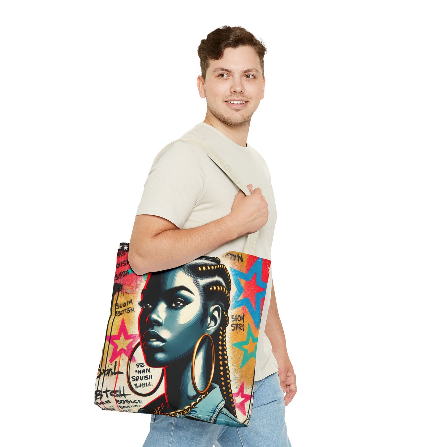 Braided Woman Portrait Tote Bag | Urban Graffiti Art, Colorful Star Background