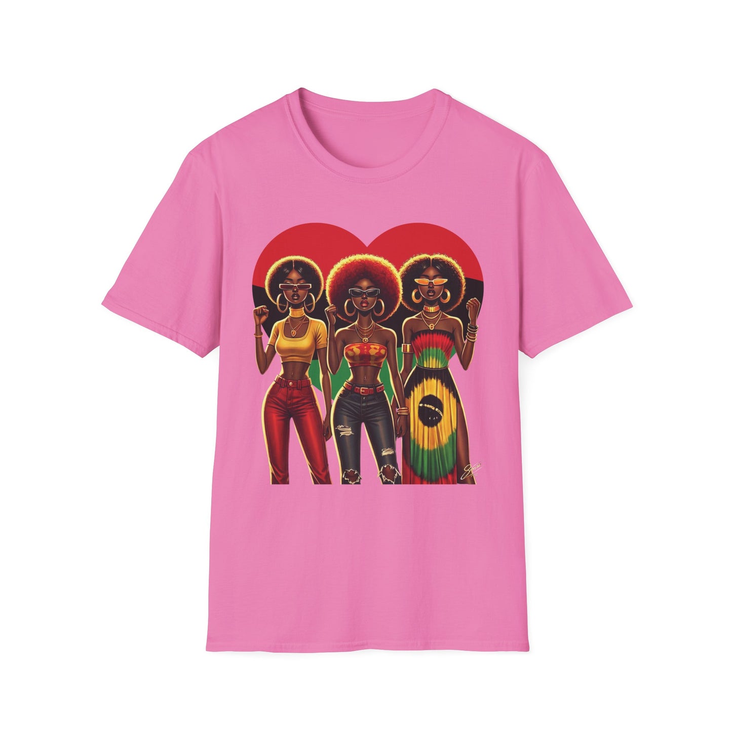 Black Queen Sisters Graphic T-Shirt – Afrocentric Pride, Red-Gold-Green Heart Design