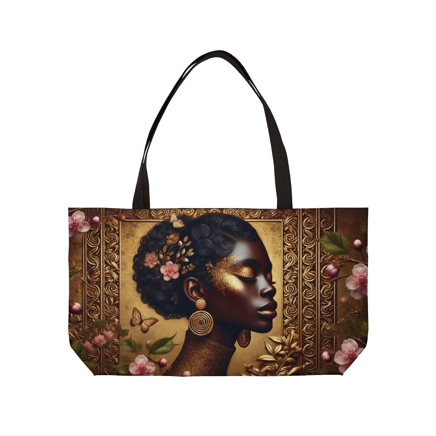 Afrocentric Profile Art Weekender Tote Bag | Floral Gold Portrait