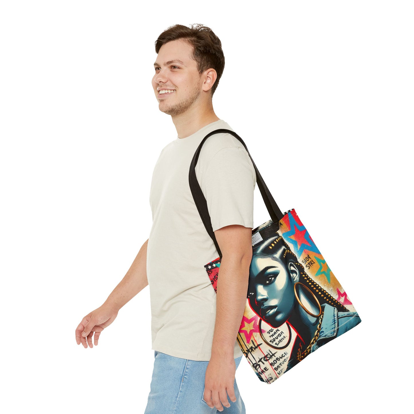 Braided Woman Portrait Tote Bag | Urban Graffiti Art, Colorful Star Background