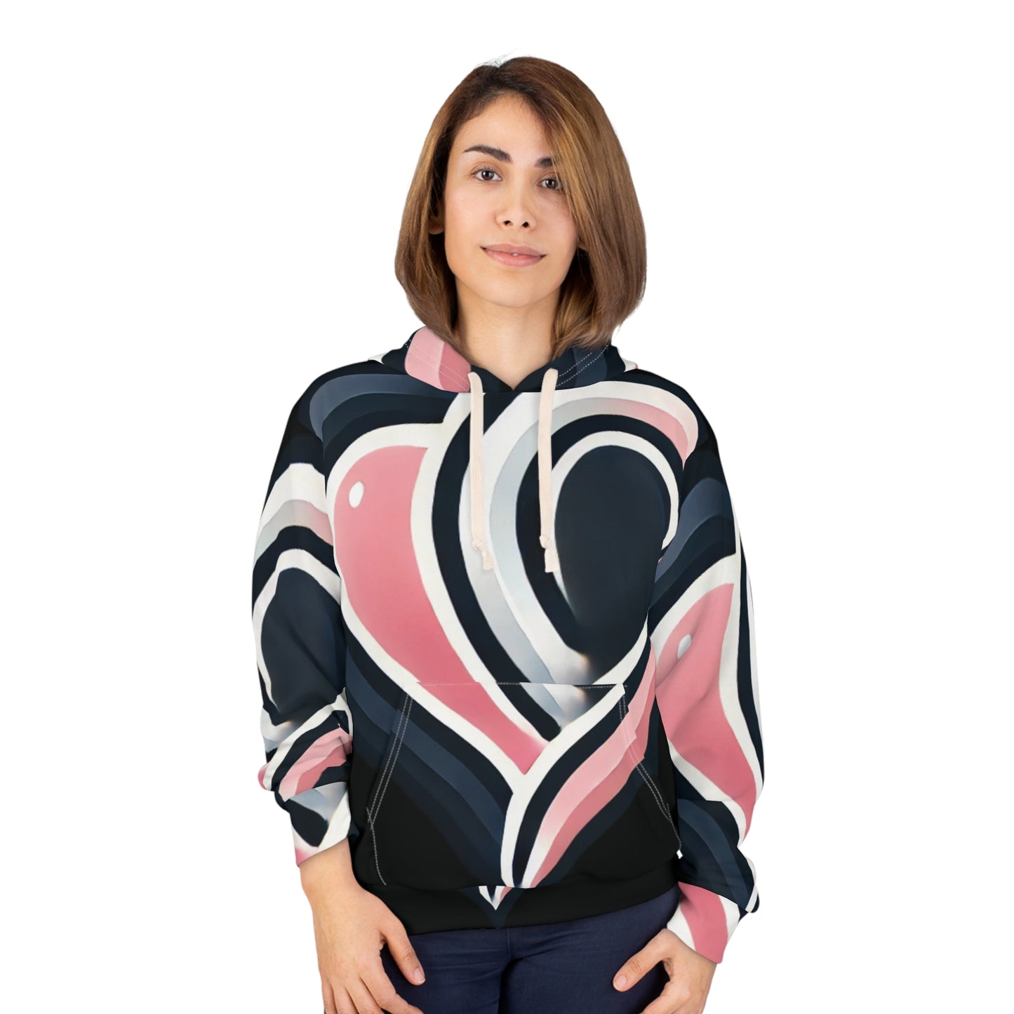 Heart Pattern Hoodie — Pink & Navy All-Over Print Pullover