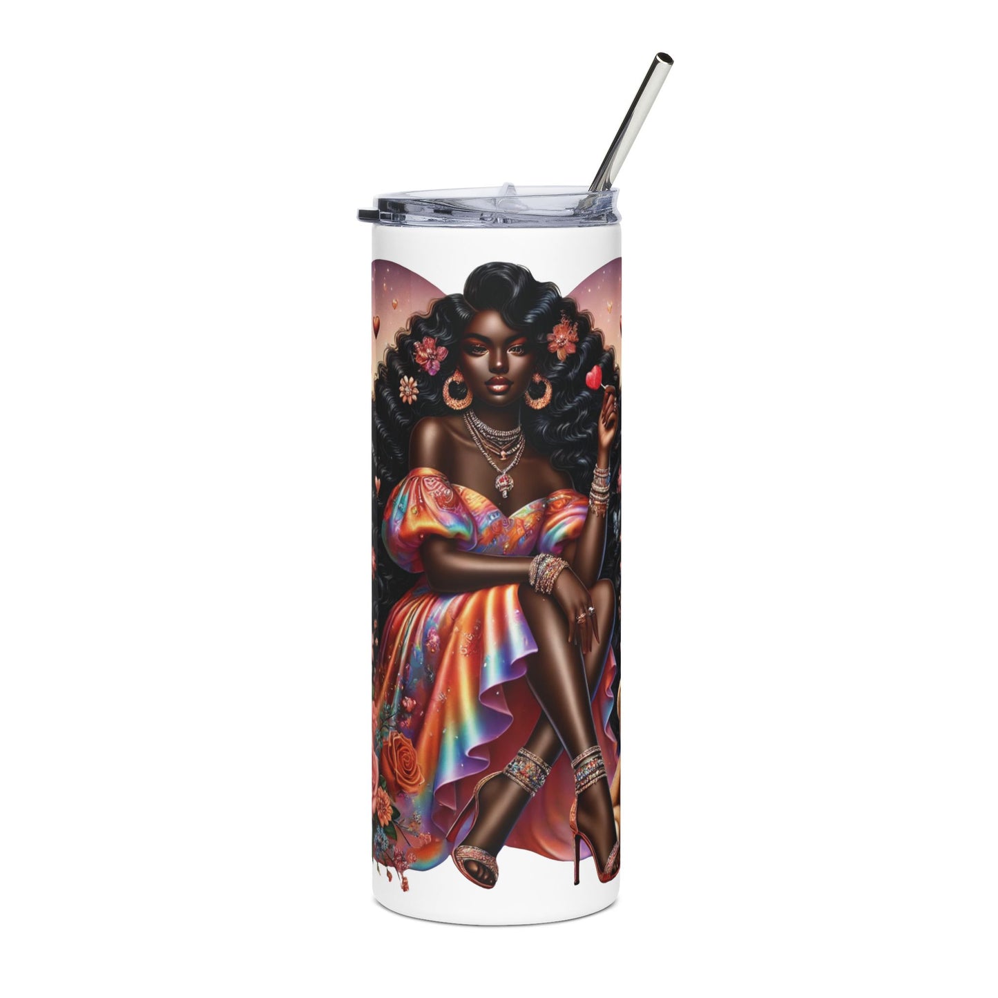 20oz Stainless Tumbler – Black Queen Art with Roses & 'I Love You' Heart