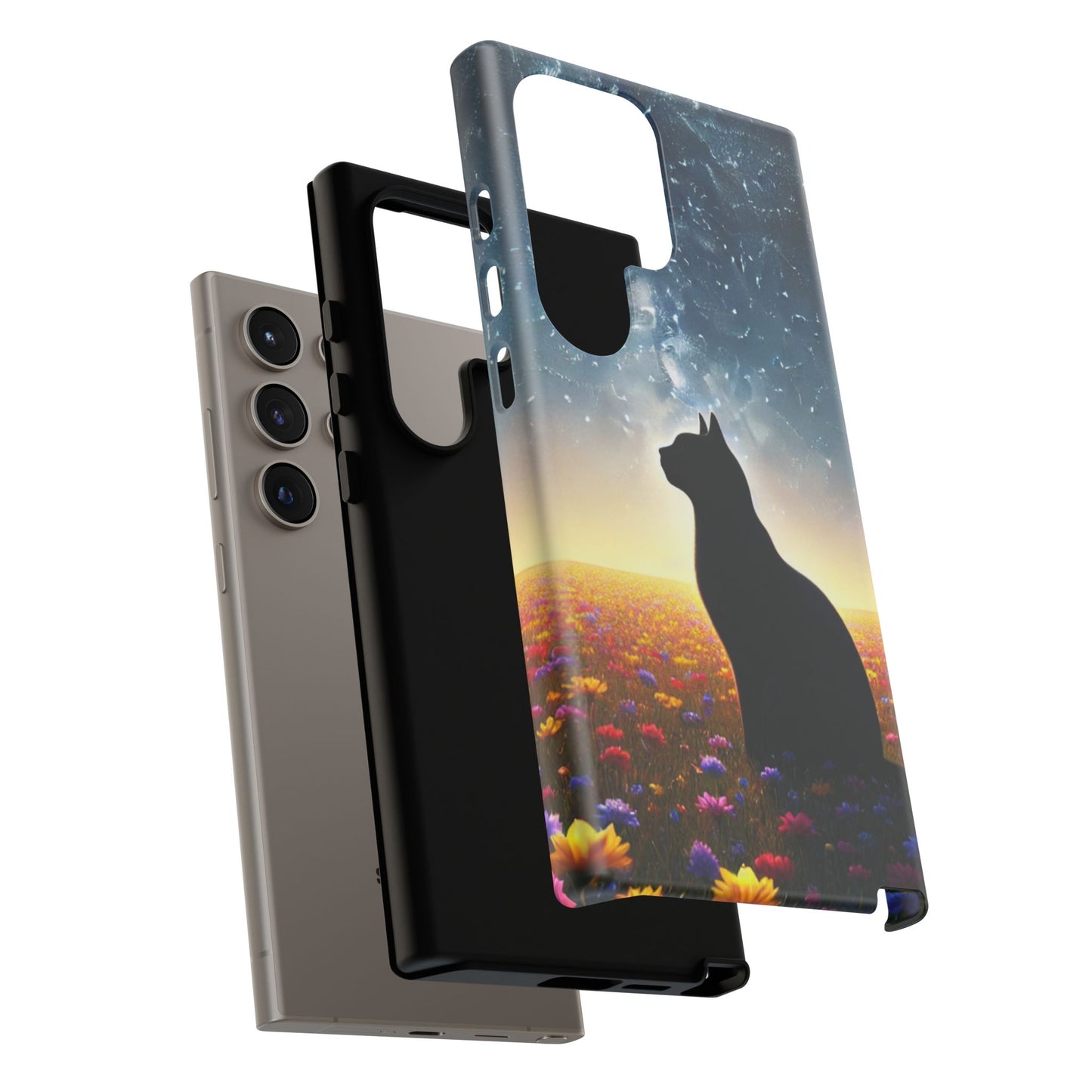 Cat Silhouette Phone Case | Floral Night Sky Design | Unique Gift, Cat Lover, Nature Lover, Birthday, Handmade