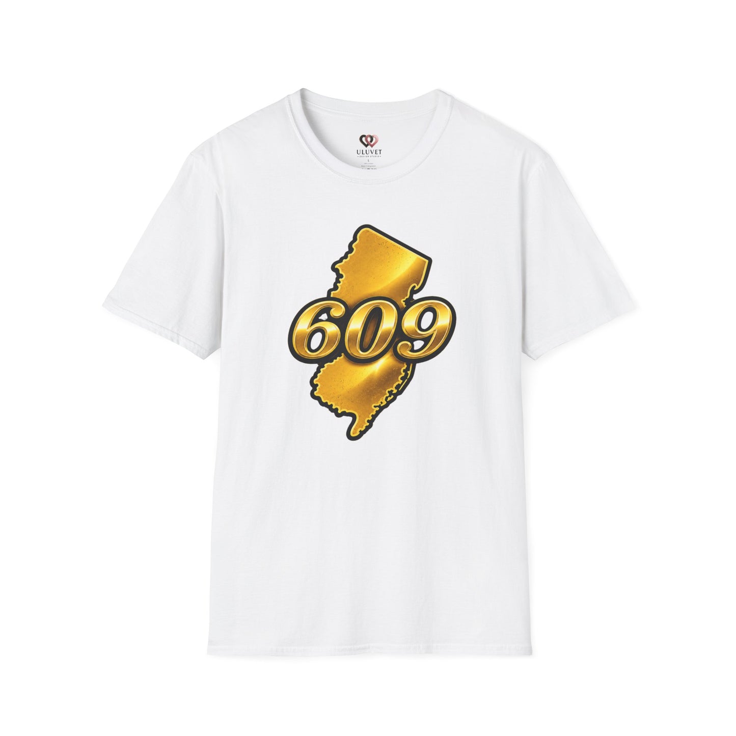 609 New Jersey T-Shirt — Gold State Outline Jersey Area Code Tee