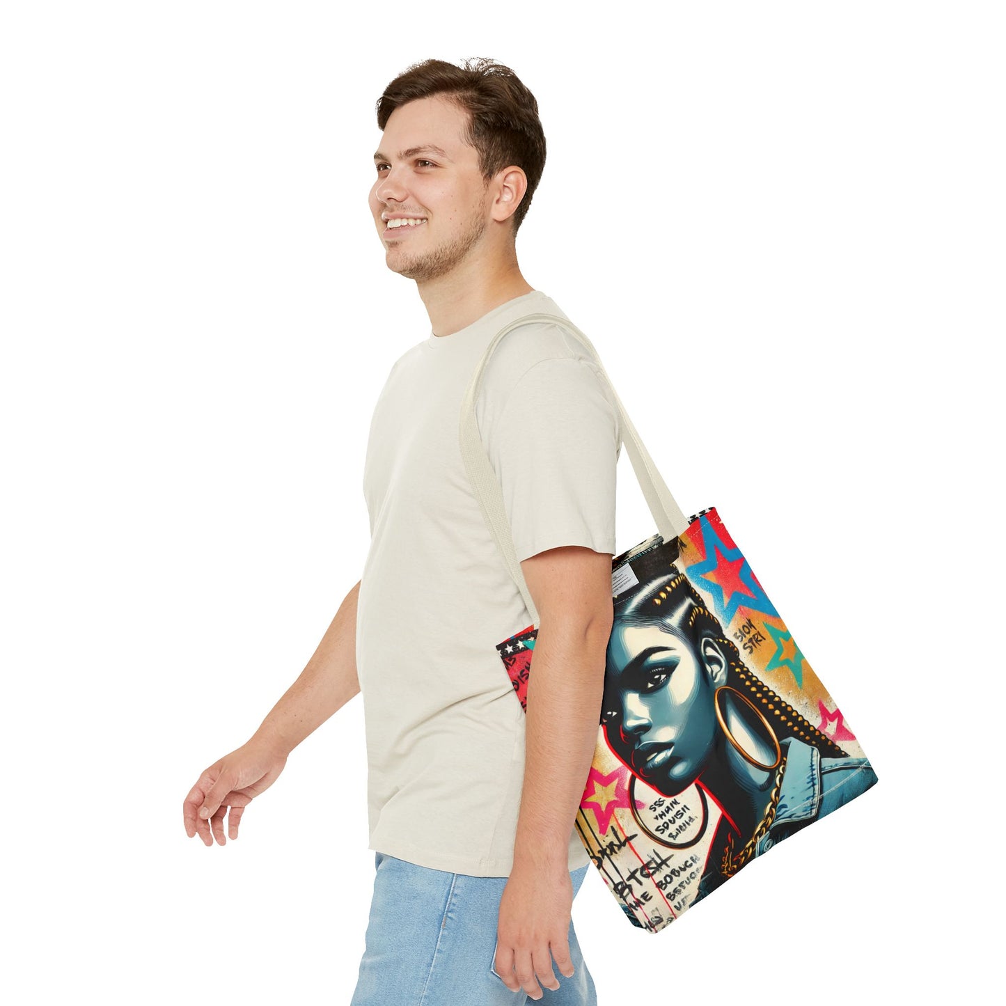 Braided Woman Portrait Tote Bag | Urban Graffiti Art, Colorful Star Background