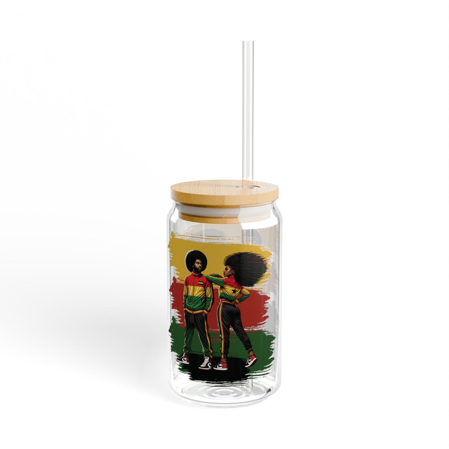 Afrocentric Rasta 16oz Sipper Glass – Bamboo Lid & Straw