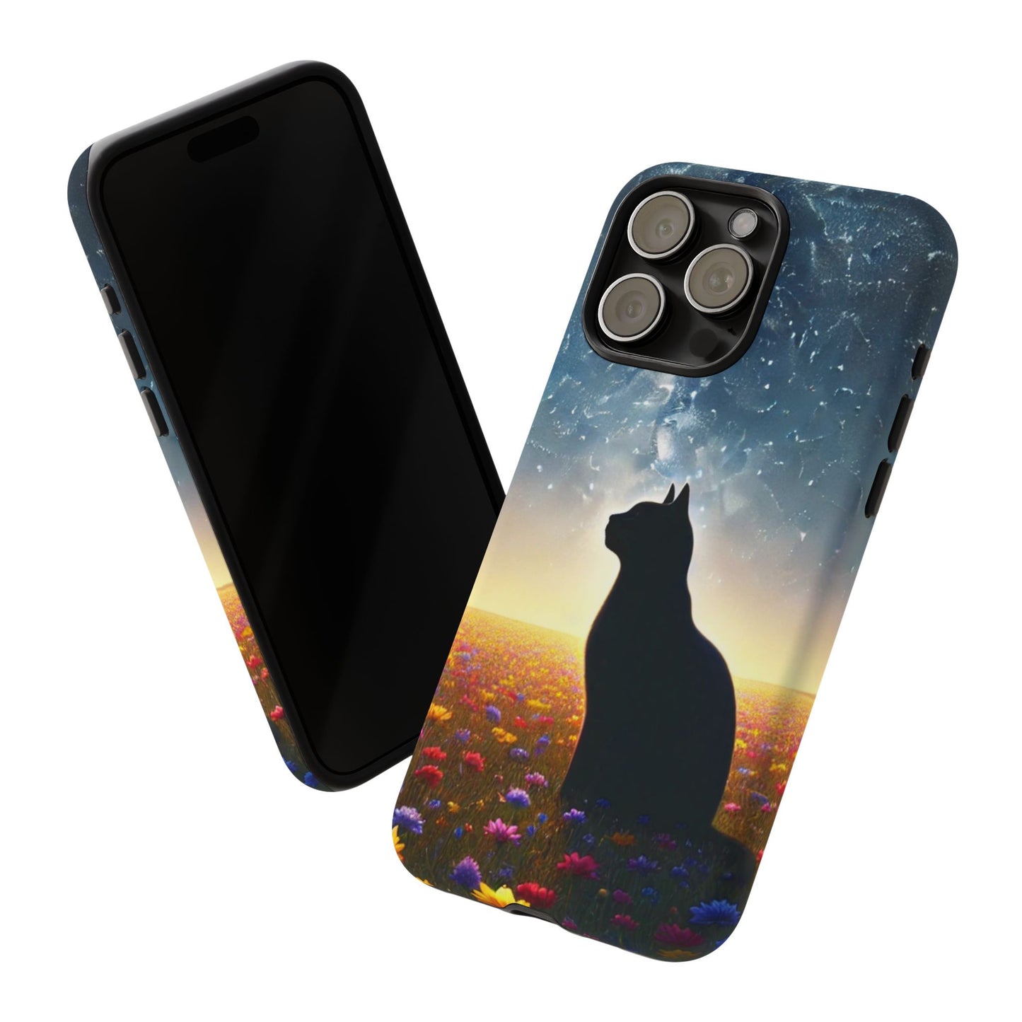 Cat Silhouette Phone Case | Floral Night Sky Design | Unique Gift, Cat Lover, Nature Lover, Birthday, Handmade