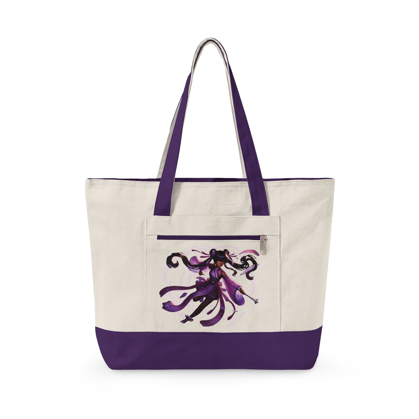 Afro Anime Zippered Canvas Tote | Purple Sorceress, Black owned