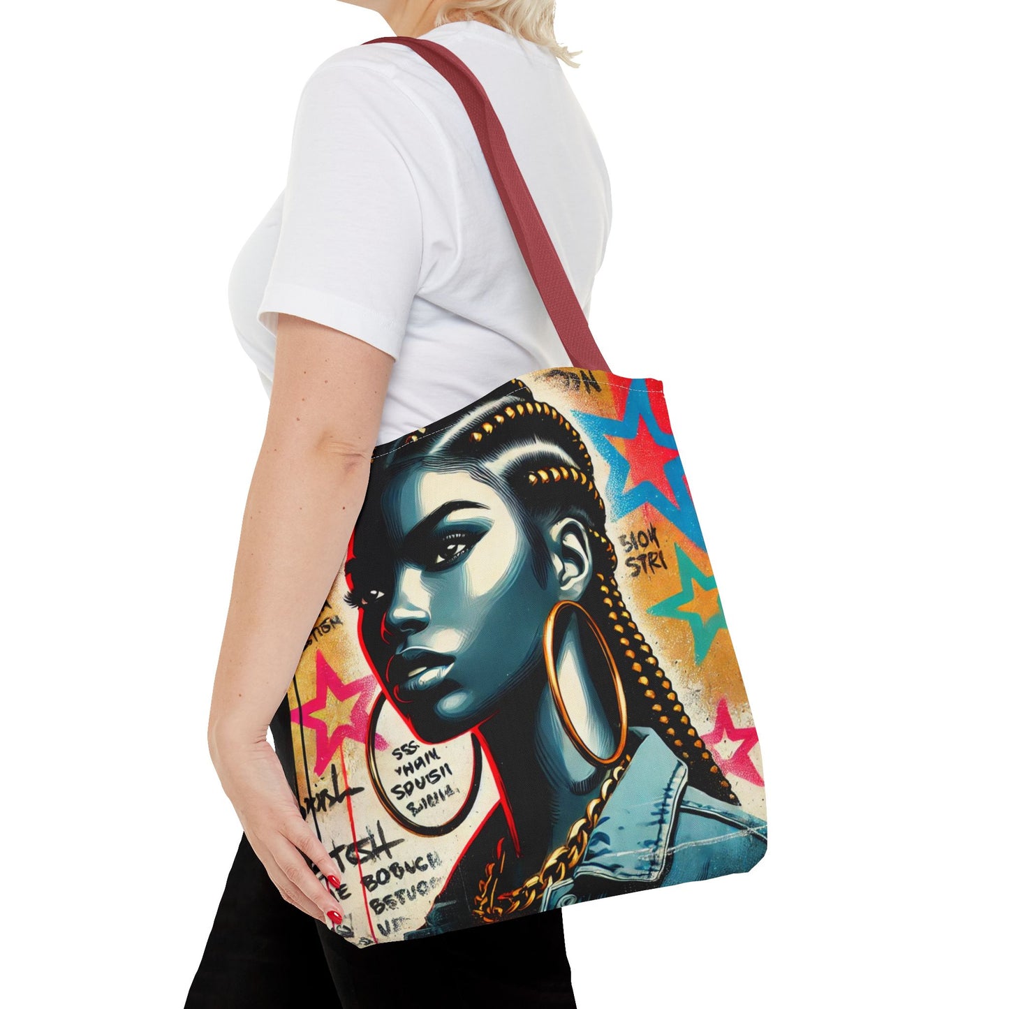 Braided Woman Portrait Tote Bag | Urban Graffiti Art, Colorful Star Background