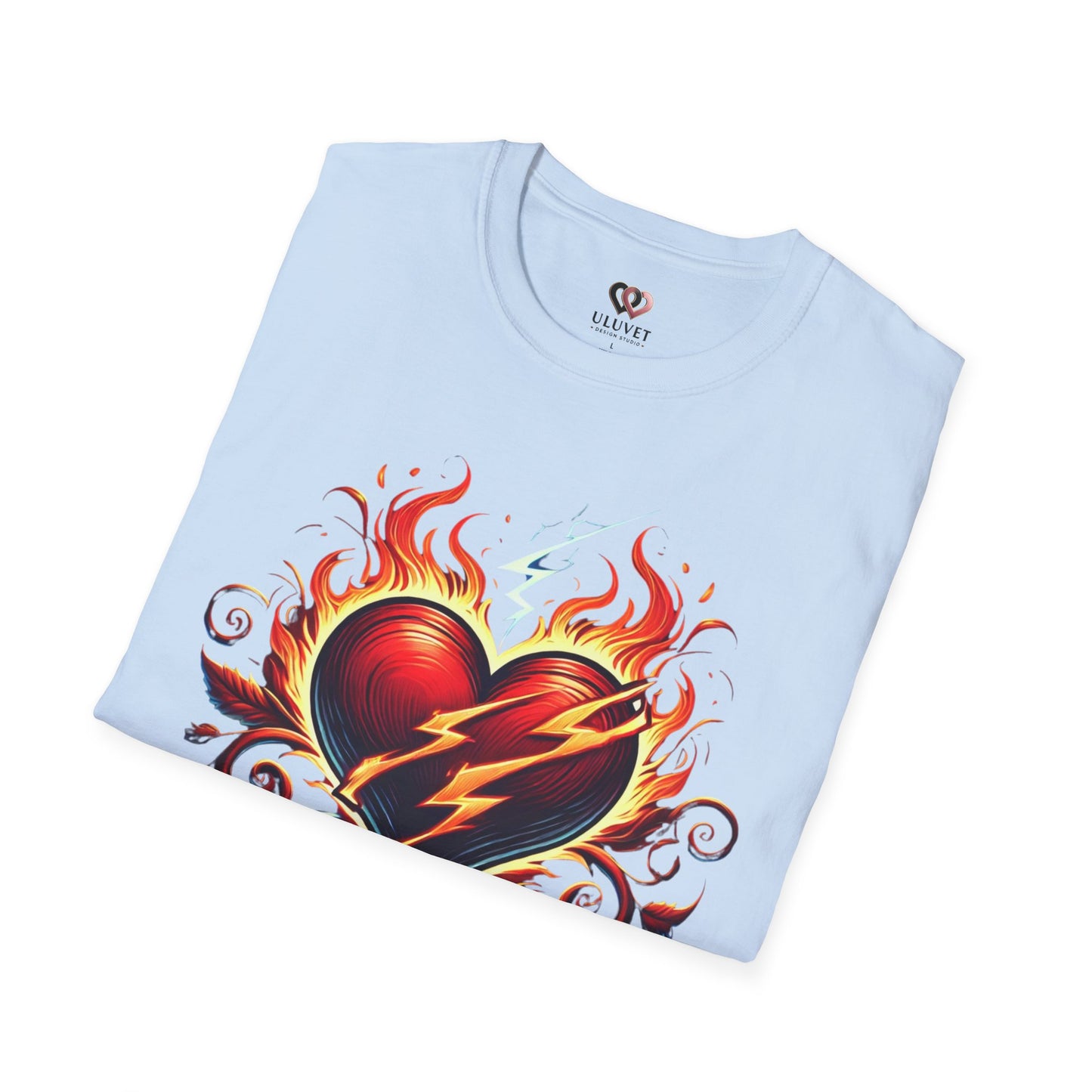 Flaming Heart Unisex Softstyle T-Shirt – Vintage Rock Tee, Gift for Him, Graphic Shirt, Festival Outfit, Casual Wear