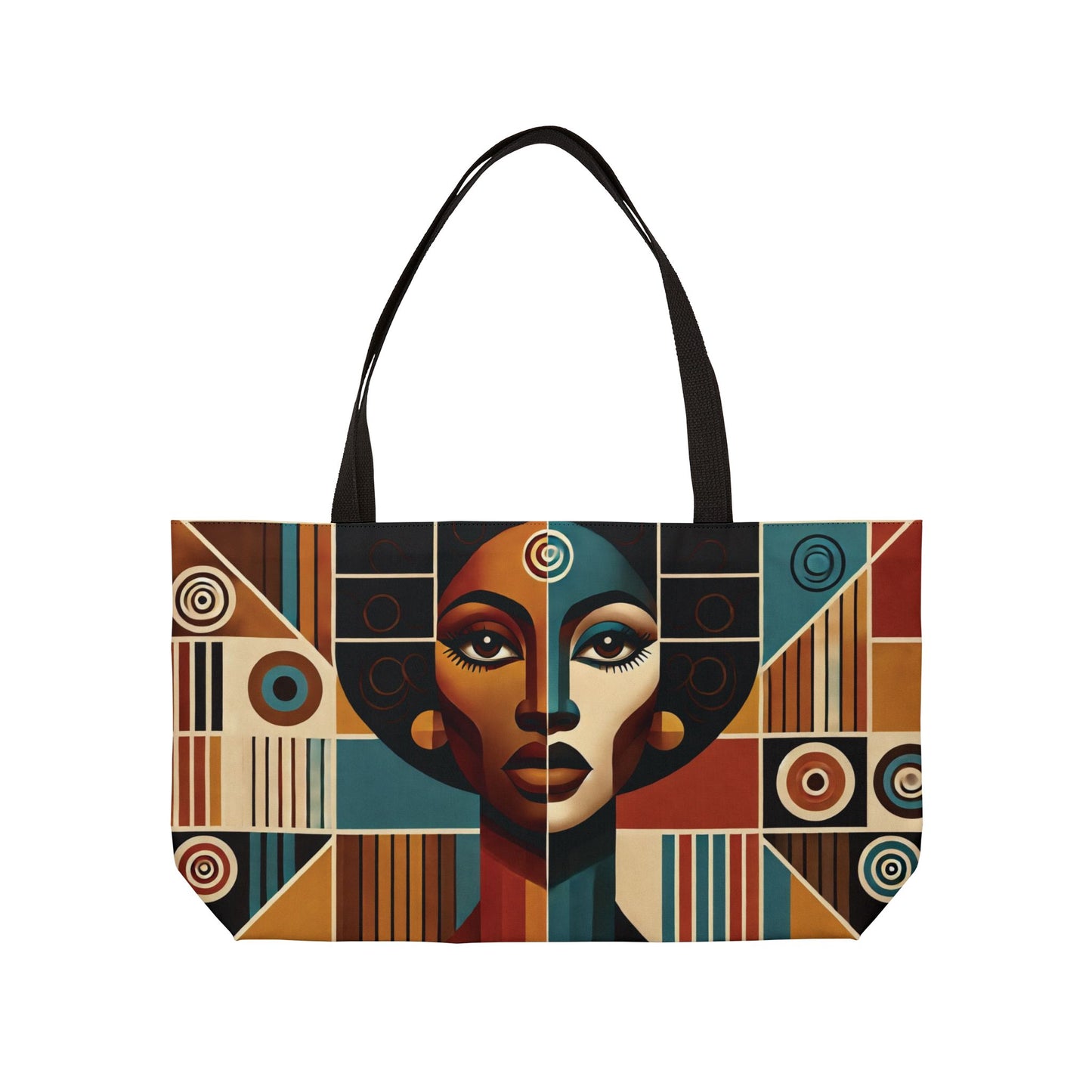 Afrocentric Geometric Portrait Weekender Tote Bag | Retro Abstract Pattern