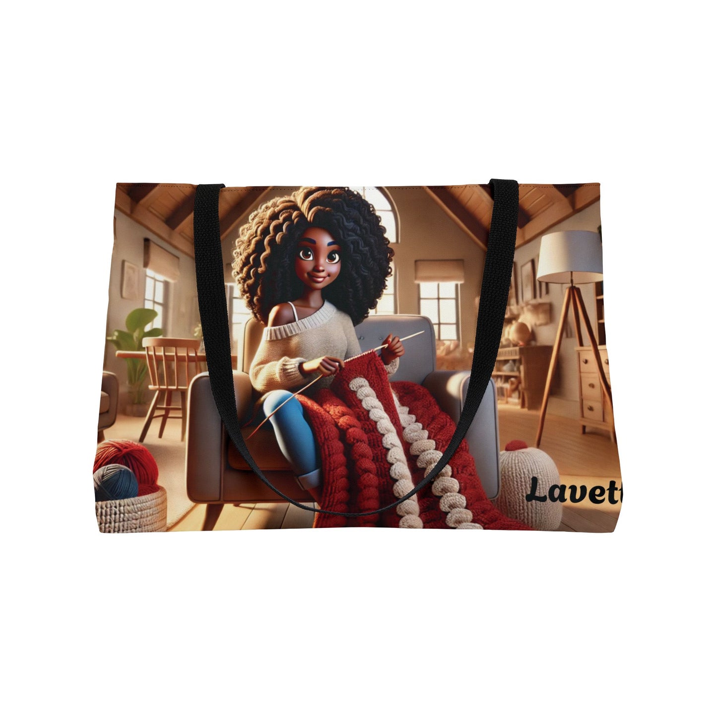 Customizable Weekender Tote. Cozy Knitting Girl Travel Bag