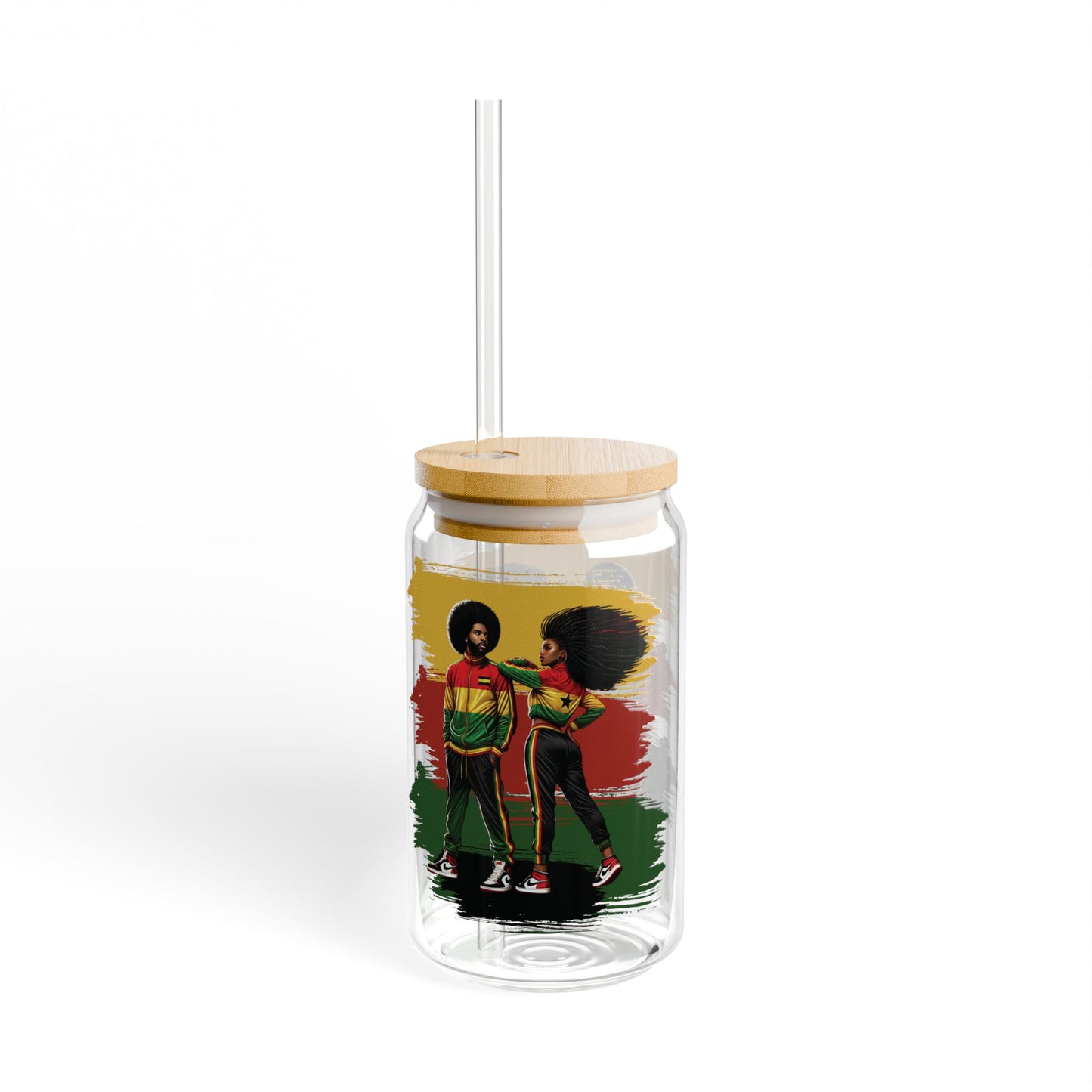Afrocentric Rasta 16oz Sipper Glass – Bamboo Lid & Straw