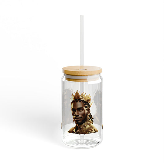 Sipper Glass, 16oz with Royal King Design, Unique Mug for Celebratory Events, Gift for Tea Lovers, Personality Drinkware, Stylish Hydration