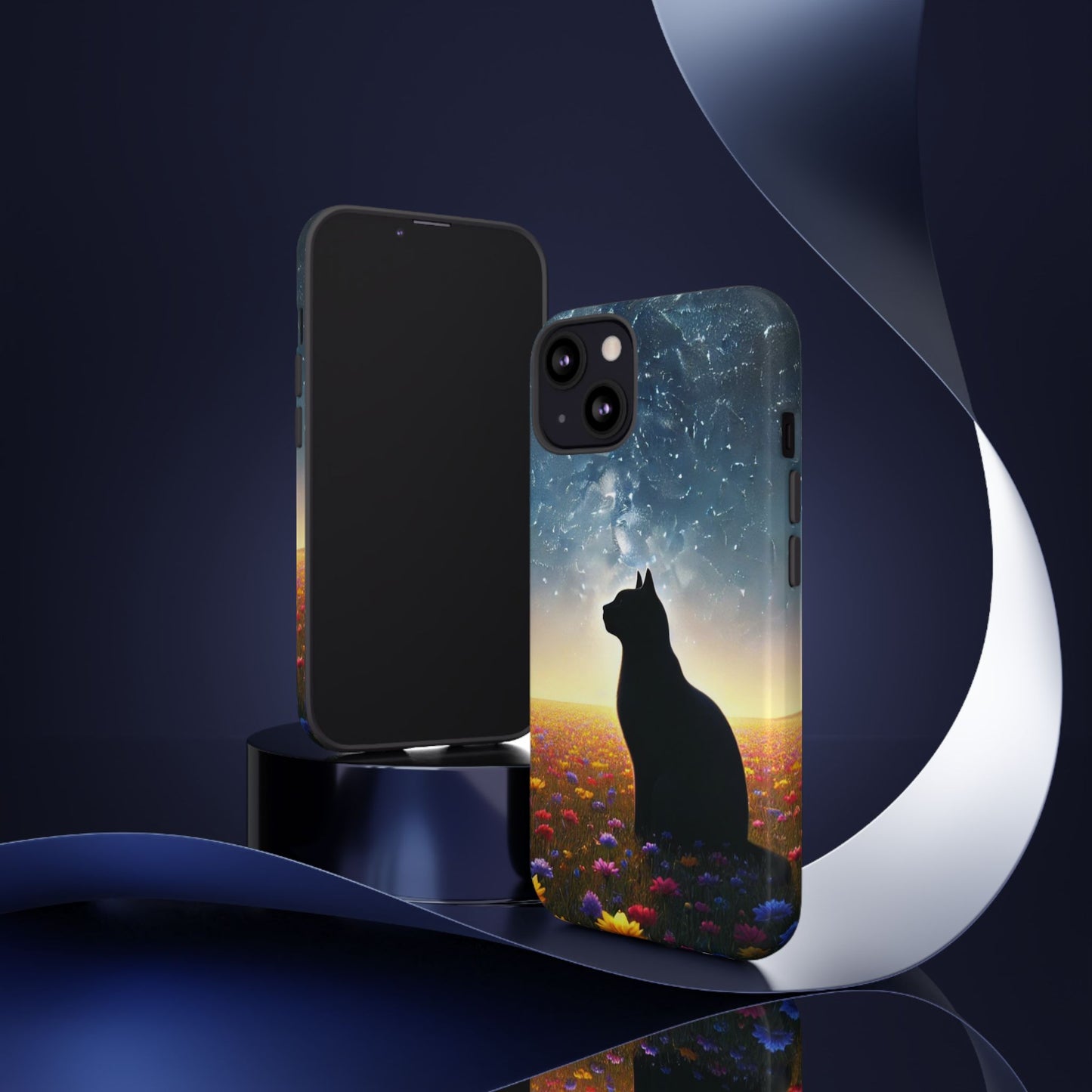 Cat Silhouette Phone Case | Floral Night Sky Design | Unique Gift, Cat Lover, Nature Lover, Birthday, Handmade