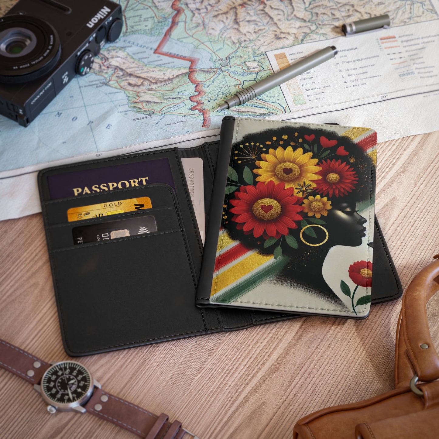 Afro Floral Profile Passport Cover | Black Woman Silhouette, Sunflower Hair, Travel Accessory