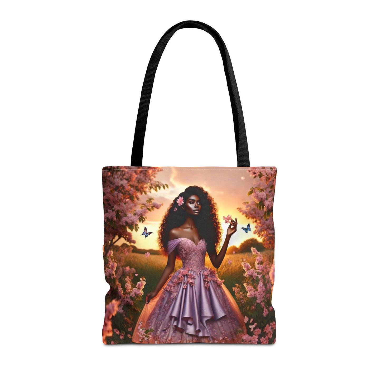Afro Princess in Lavender Gown Tote Bag | Floral Sunset Butterfly Art