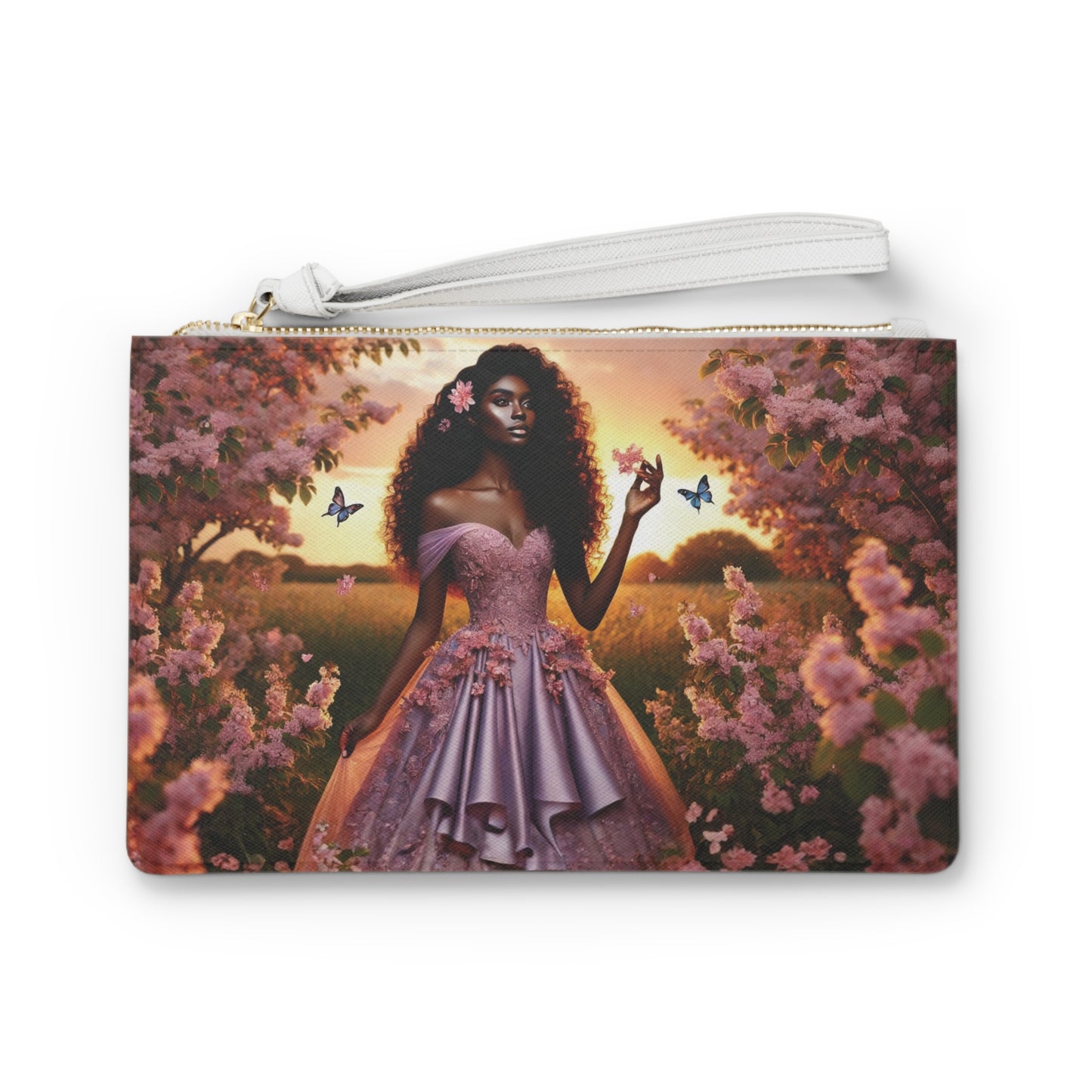 Black Princess in Pink Gown Clutch Bag | Floral Sunset, Butterfly Art