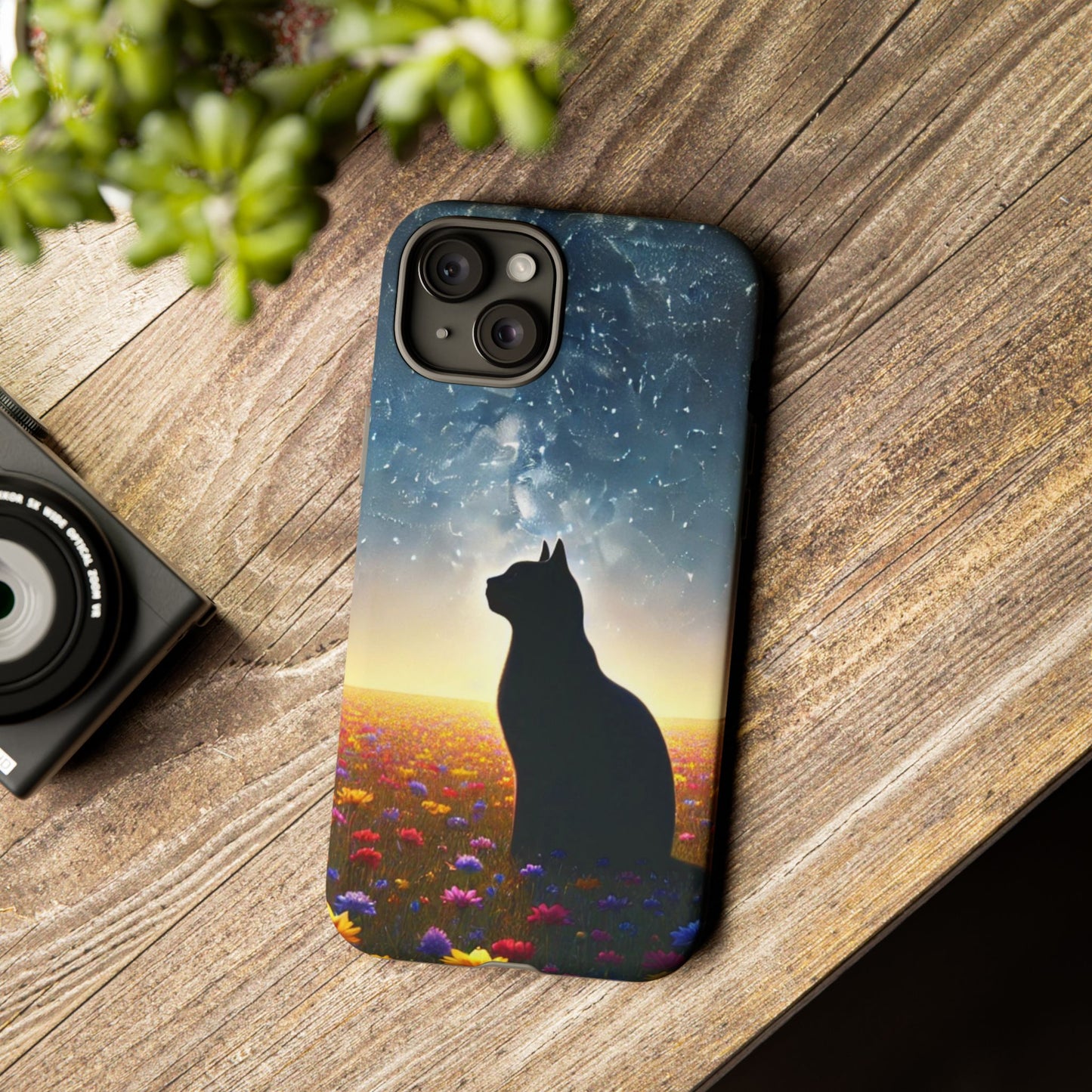 Cat Silhouette Phone Case | Floral Night Sky Design | Unique Gift, Cat Lover, Nature Lover, Birthday, Handmade