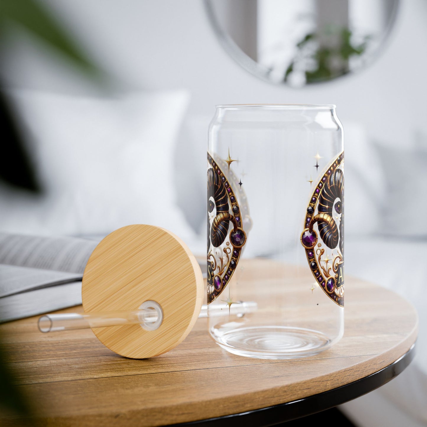 Zodiac Sipper Glass, 16oz - Aries Design, Personalized Drinkware, Astrology Gift, Unique Birthday Present, Party Favor