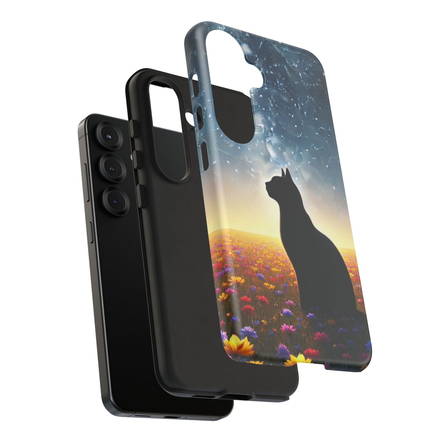 Cat Silhouette Phone Case | Floral Night Sky Design | Unique Gift, Cat Lover, Nature Lover, Birthday, Handmade