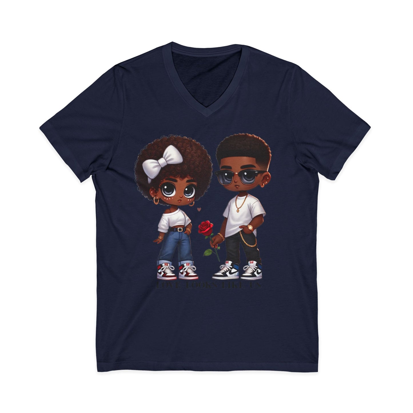 Love Looks Like Us V-Neck Tee — Cute Couple Cartoon Black Love Shirt