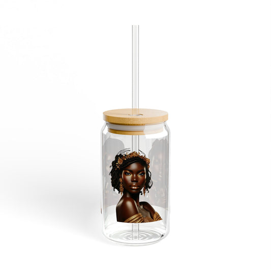 Elegant African Woman Sipper Glass, 16oz Drinkware, Stylish Water Bottle, Reusable Glass Jar, Unique Gift Idea, Ethnic Decor