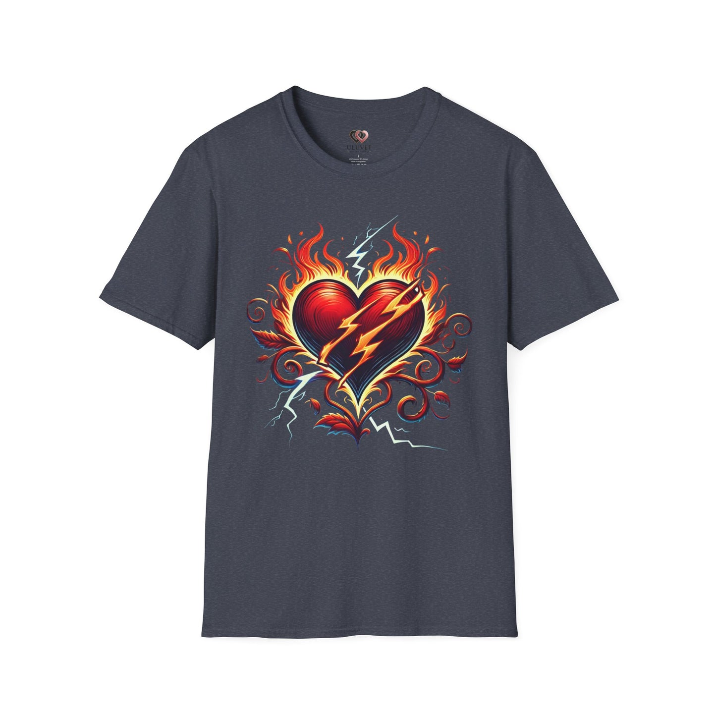Flaming Heart Unisex Softstyle T-Shirt – Vintage Rock Tee, Gift for Him, Graphic Shirt, Festival Outfit, Casual Wear